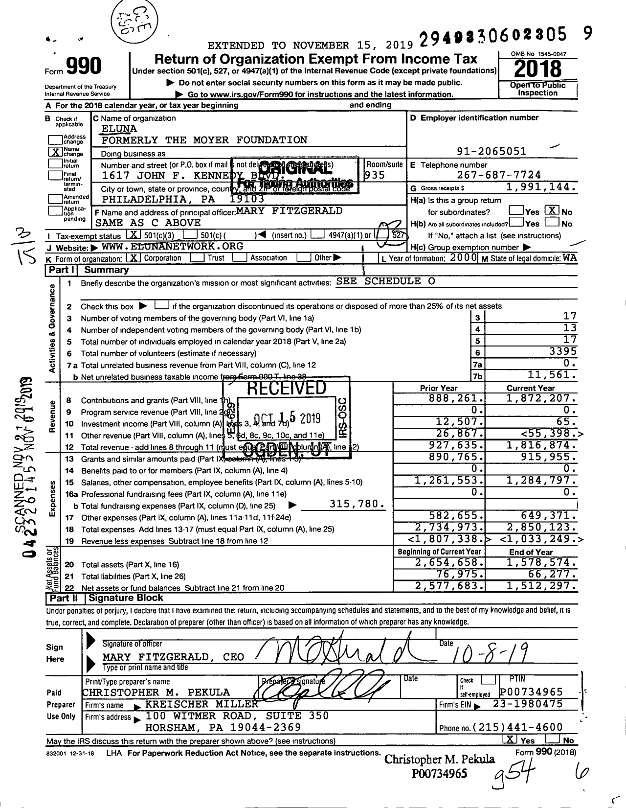 Image of first page of 2018 Form 990 for Eluna