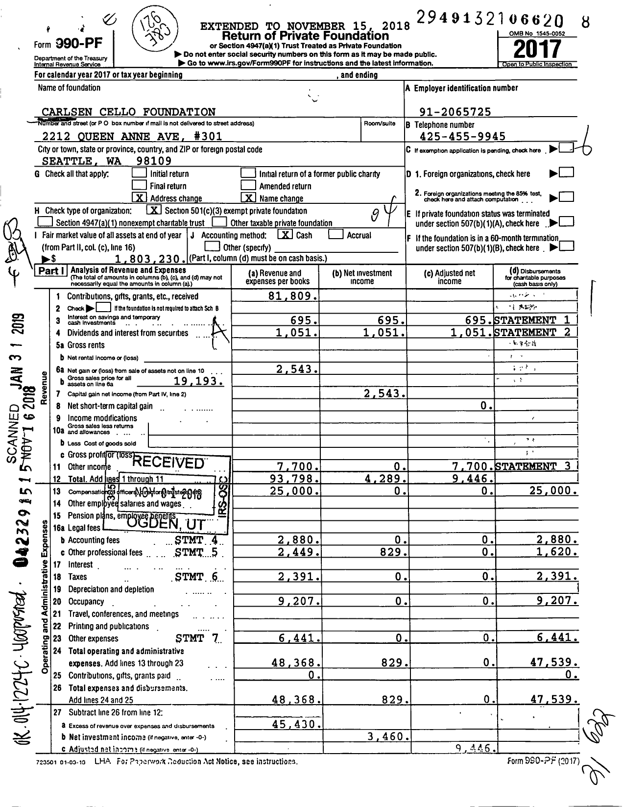 Image of first page of 2017 Form 990PF for Carlsen Cello Foundation