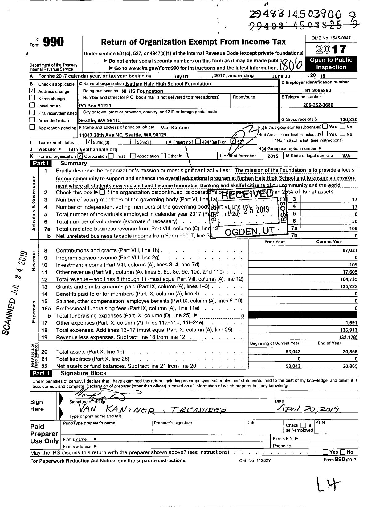 Image of first page of 2017 Form 990 for Nathan Hale High School Foundation