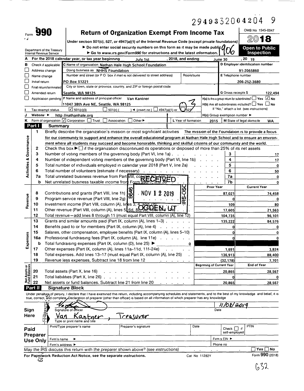 Image of first page of 2018 Form 990 for Nathan Hale High School Foundation