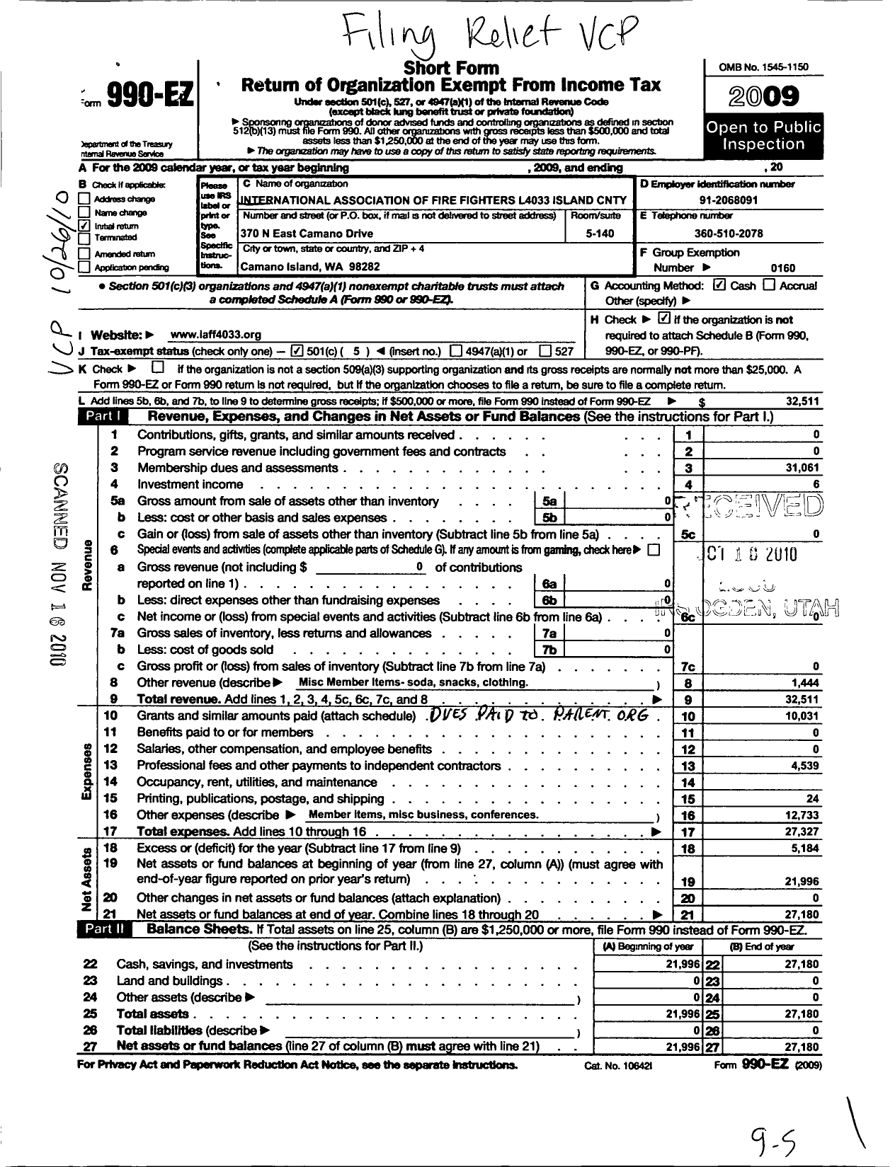 Image of first page of 2009 Form 990EO for International Association of Fire Fighters - L3438 North Snohomish Cnty Union FF