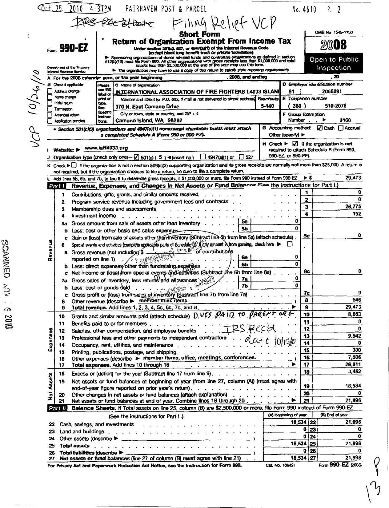 Image of first page of 2008 Form 990EO for International Association of Fire Fighters - L3438 North Snohomish Cnty Union FF