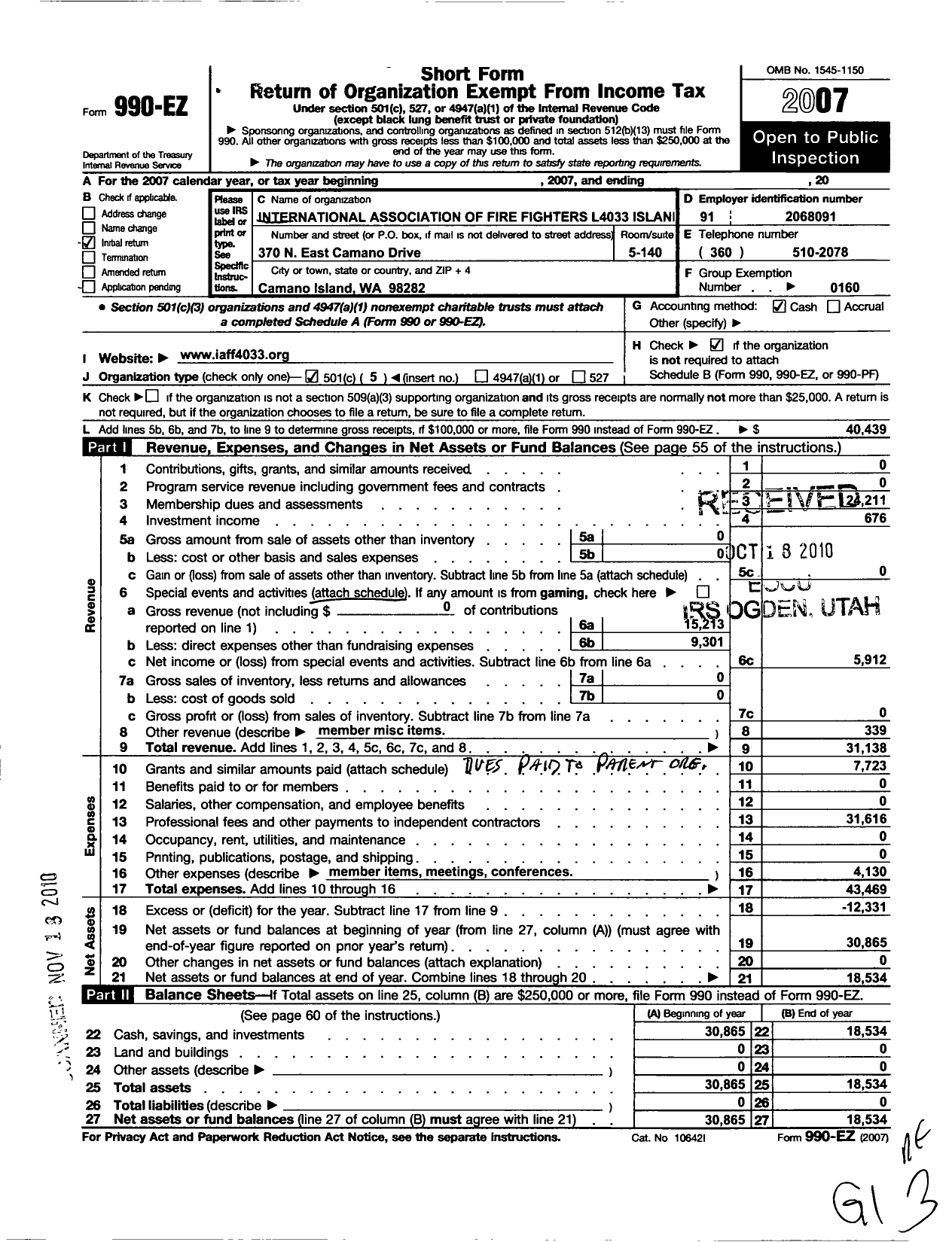 Image of first page of 2007 Form 990EO for International Association of Fire Fighters - L3438 North Snohomish Cnty Union FF