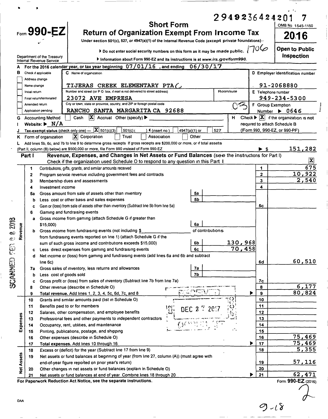 Image of first page of 2016 Form 990EZ for California State PTA - Tijeras Creek Elementary PTA