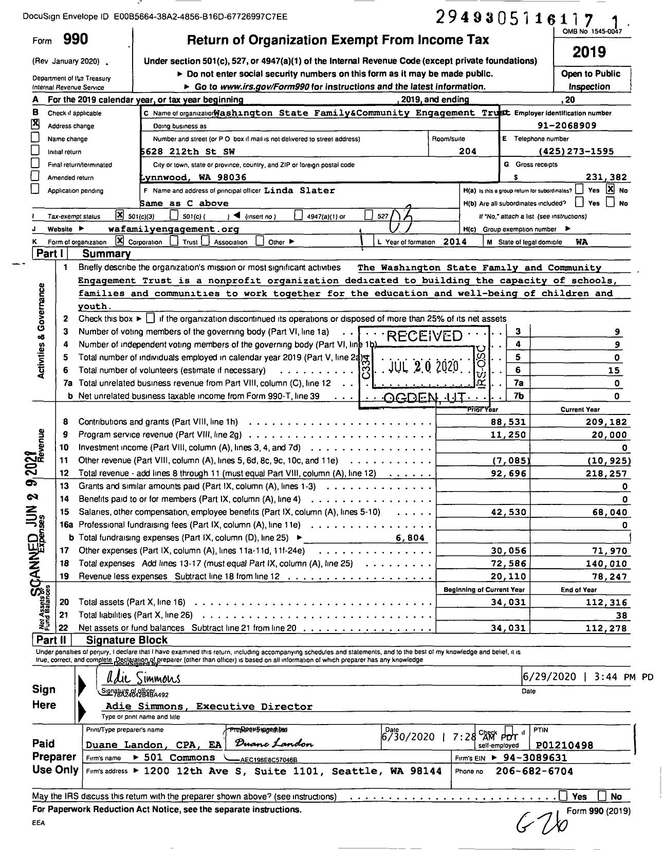 Image of first page of 2019 Form 990 for Washington State Family And Community Engagement Washington Family Engagement