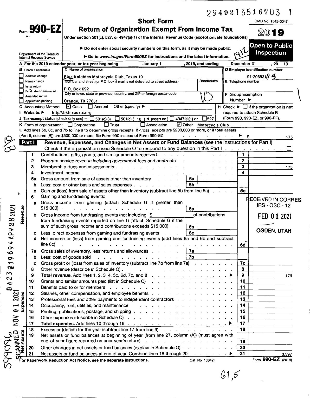 Image of first page of 2019 Form 990EO for Blue Knights Motorcycle Club / TX Xix