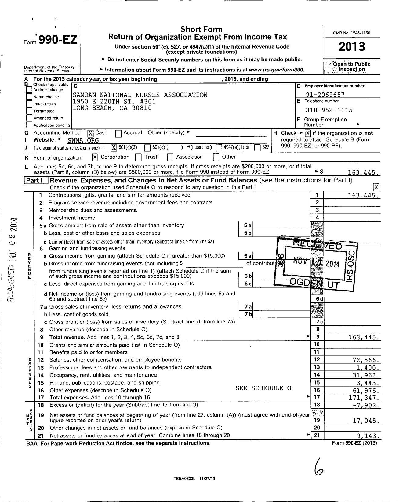 Image of first page of 2013 Form 990EZ for Samoan National Nurses Association