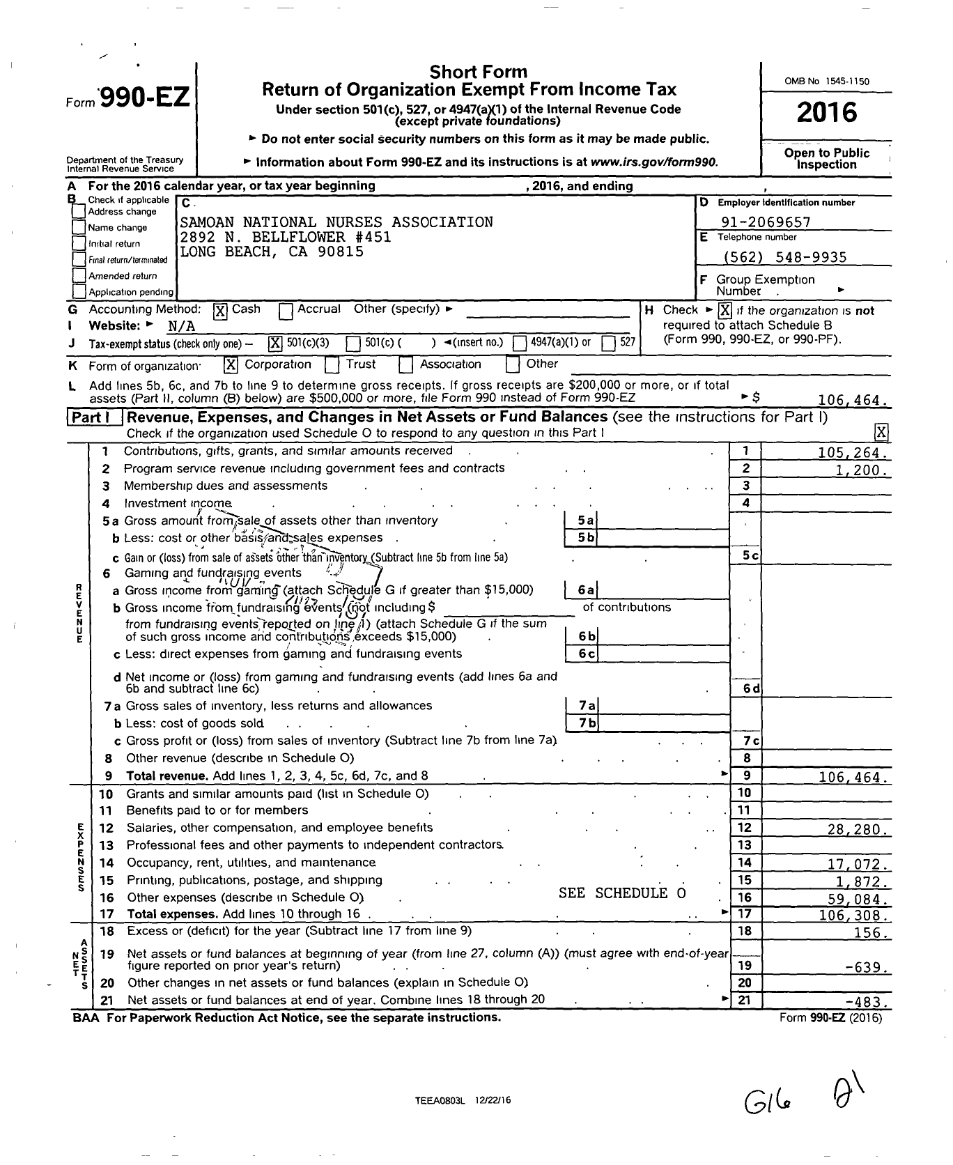 Image of first page of 2016 Form 990EZ for Samoan National Nurses Association