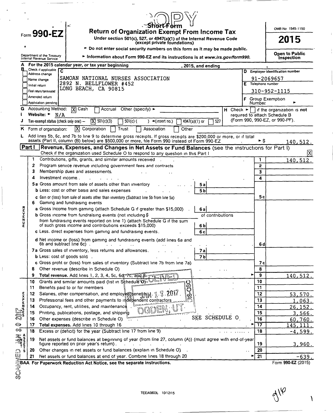 Image of first page of 2015 Form 990EZ for Samoan National Nurses Association