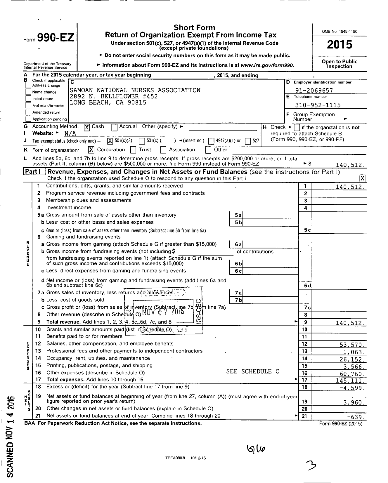 Image of first page of 2015 Form 990EZ for Samoan National Nurses Association