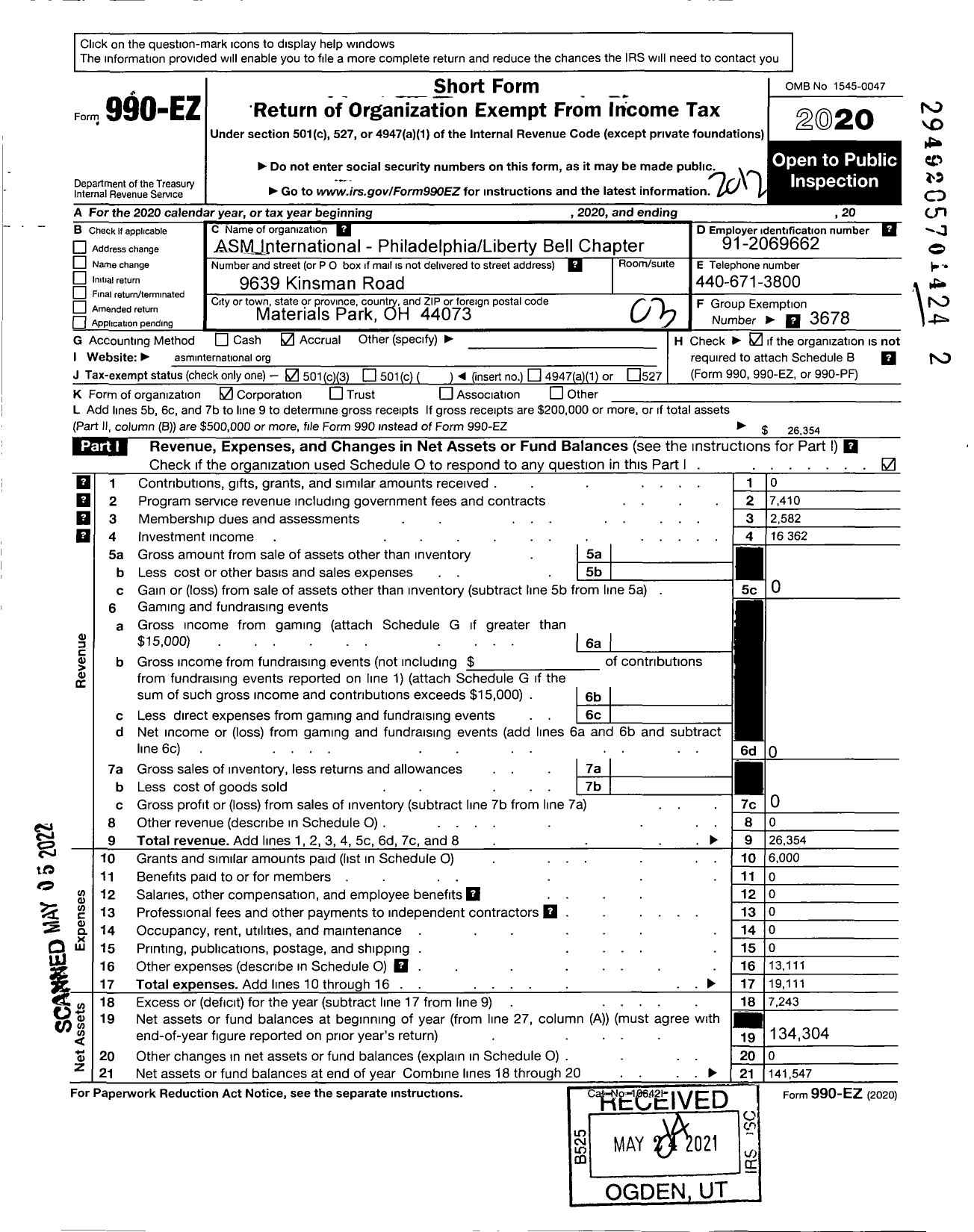 Image of first page of 2020 Form 990EZ for Asm International-Philadelphia Liberty Bell Chapter