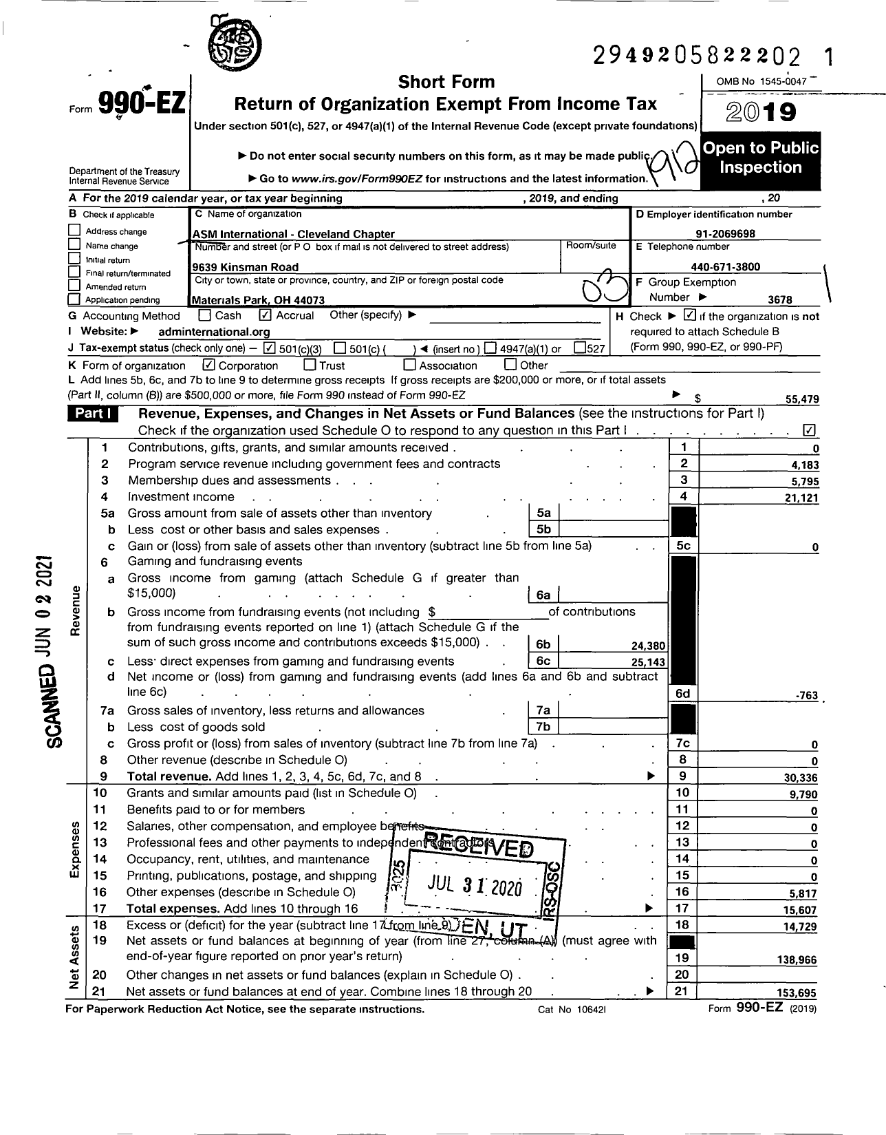 Image of first page of 2019 Form 990EZ for Asm International- Cleveland Chapter