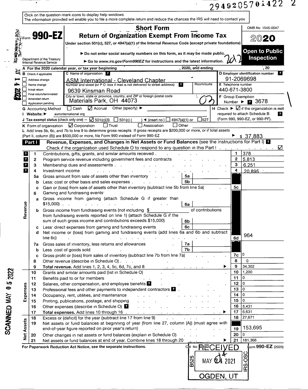 Image of first page of 2020 Form 990EZ for Asm International- Cleveland Chapter