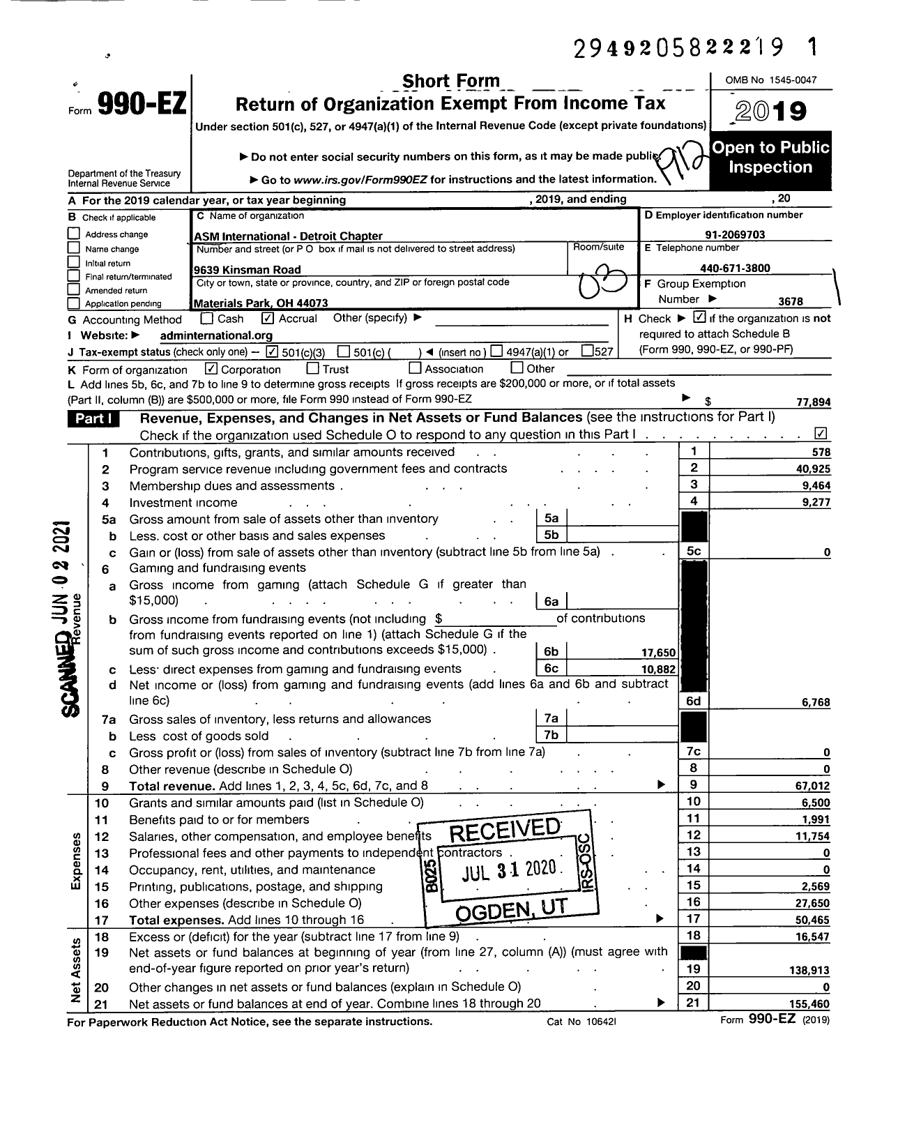 Image of first page of 2019 Form 990EZ for Asm International-Detroit Chapter