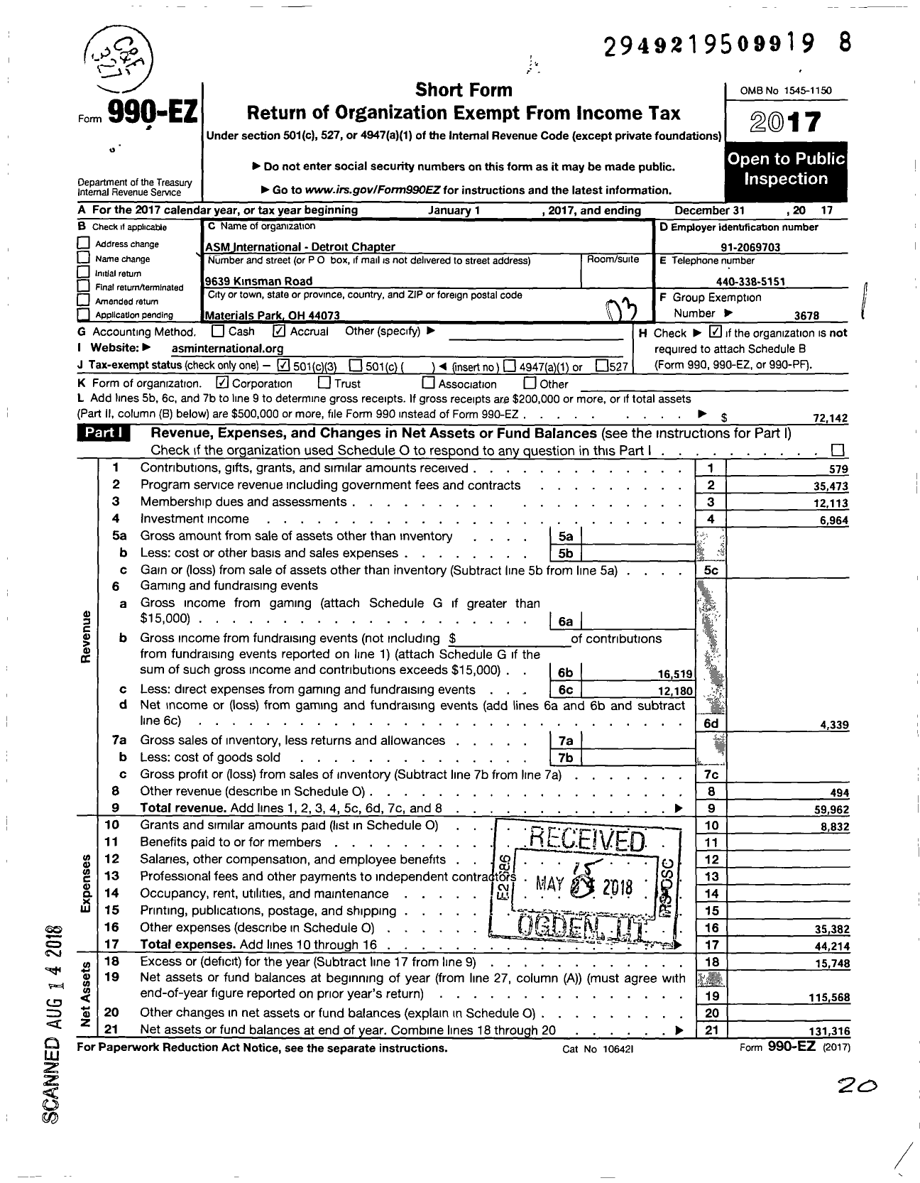 Image of first page of 2017 Form 990EZ for Asm International-Detroit Chapter