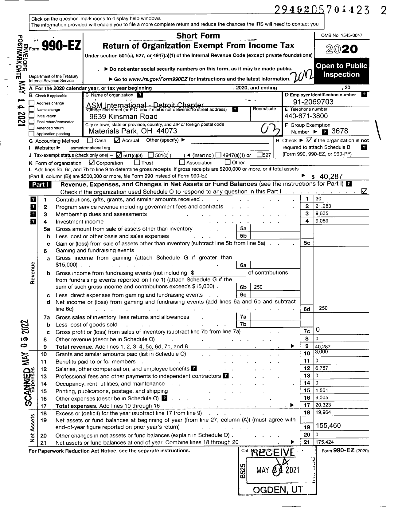 Image of first page of 2020 Form 990EZ for Asm International-Detroit Chapter
