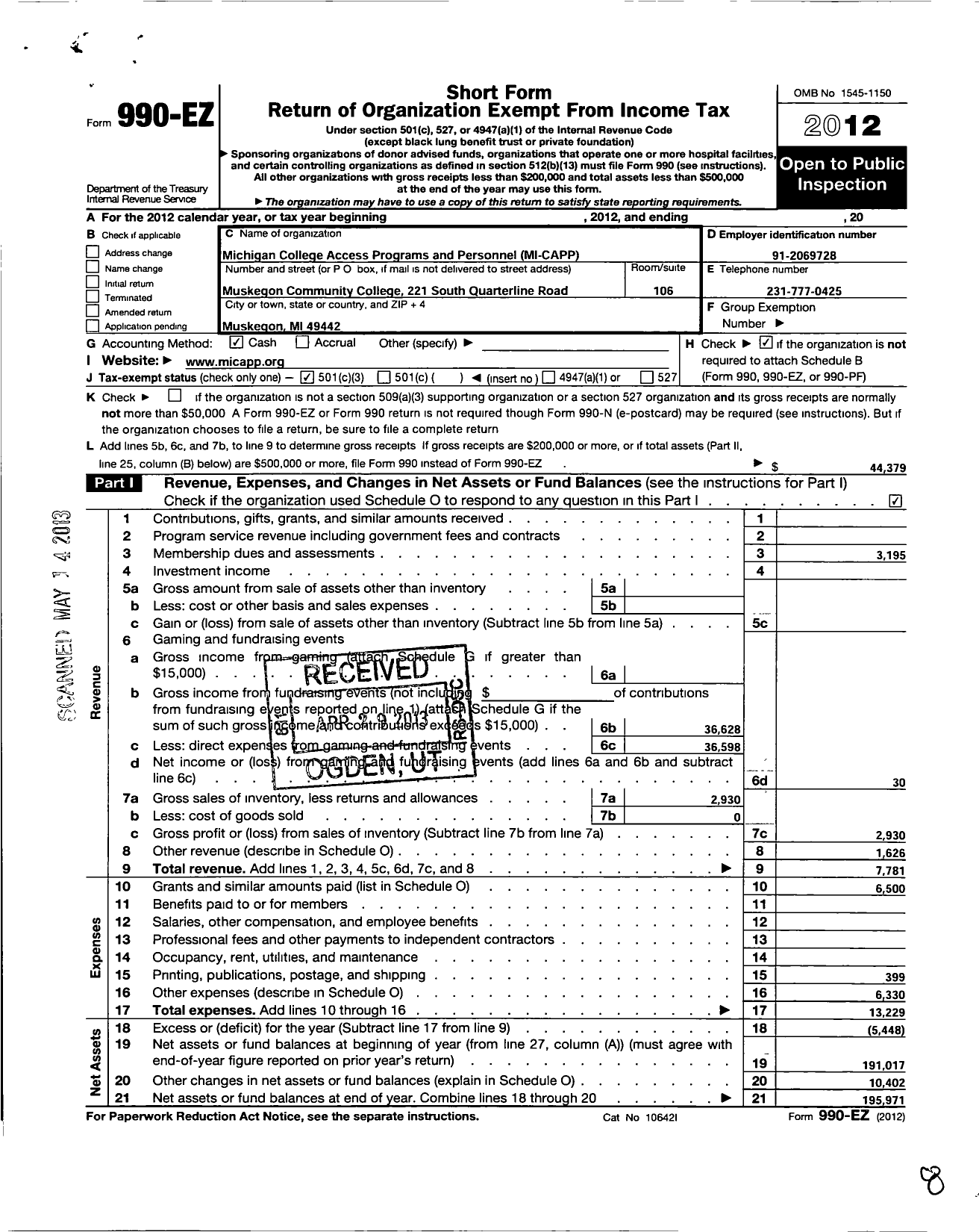 Image of first page of 2012 Form 990EZ for Michigan College Access Programs and Personnel