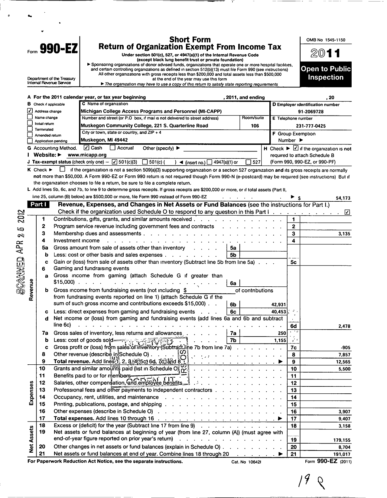 Image of first page of 2011 Form 990EZ for Michigan College Access Programs and Personnel