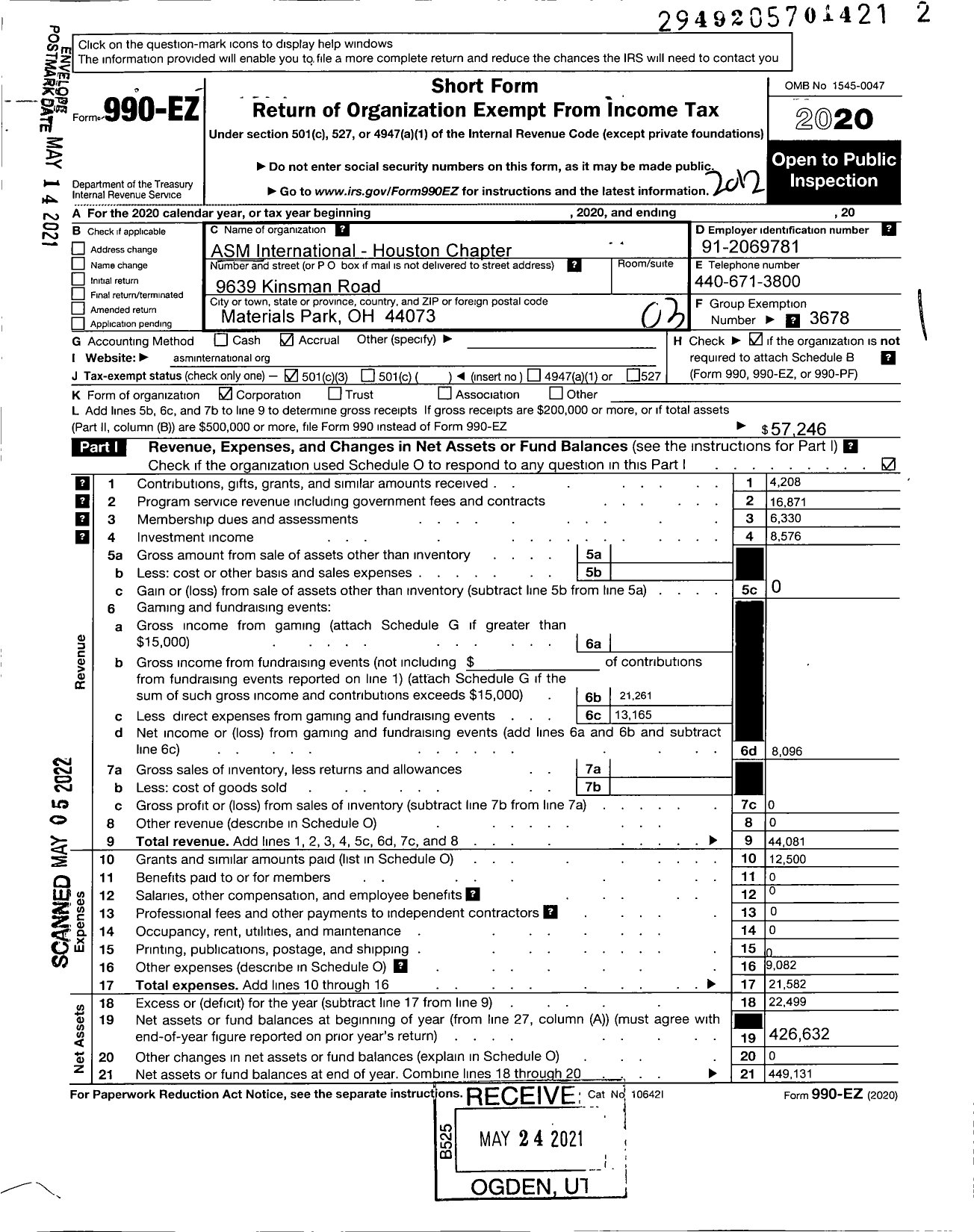 Image of first page of 2020 Form 990EZ for Asm International- Houston Chapter