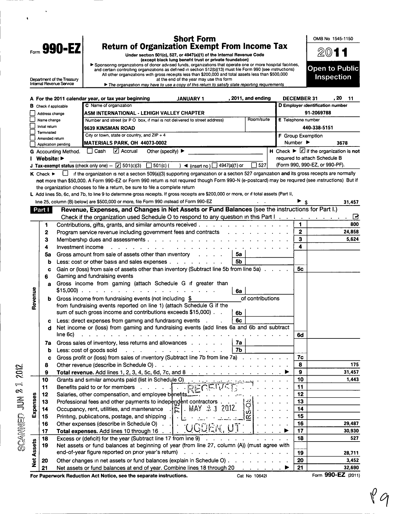 Image of first page of 2011 Form 990EZ for Asm International / Lehigh Valley Chapter