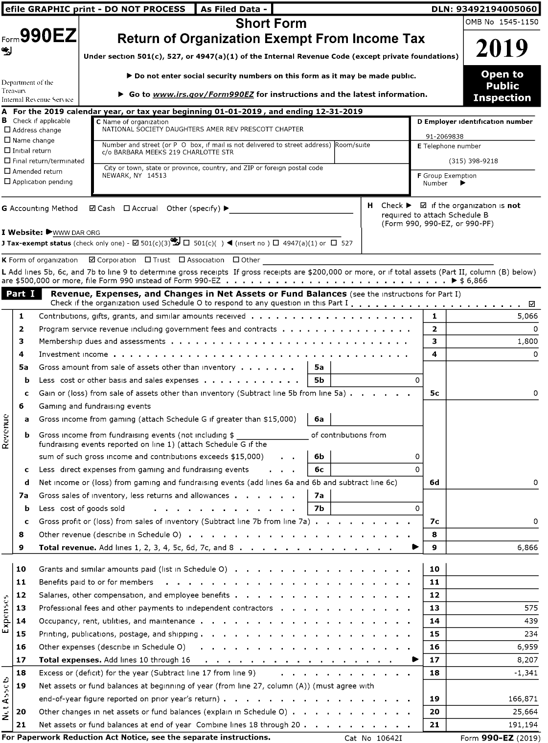 Image of first page of 2019 Form 990EZ for Daughters of the American Revolution - Colonel William Prescott Chapter