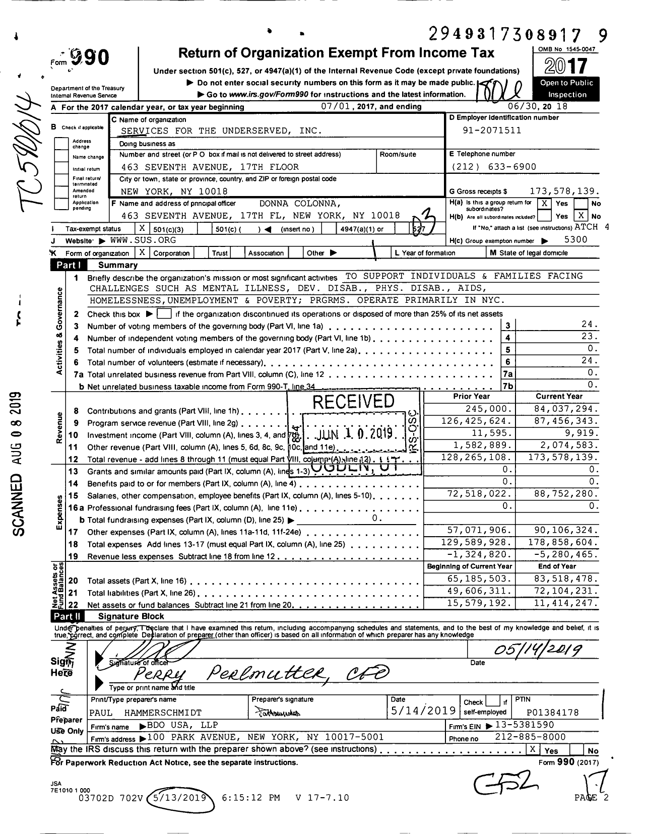 Image of first page of 2017 Form 990 for Services for the UnderServed (SUS)