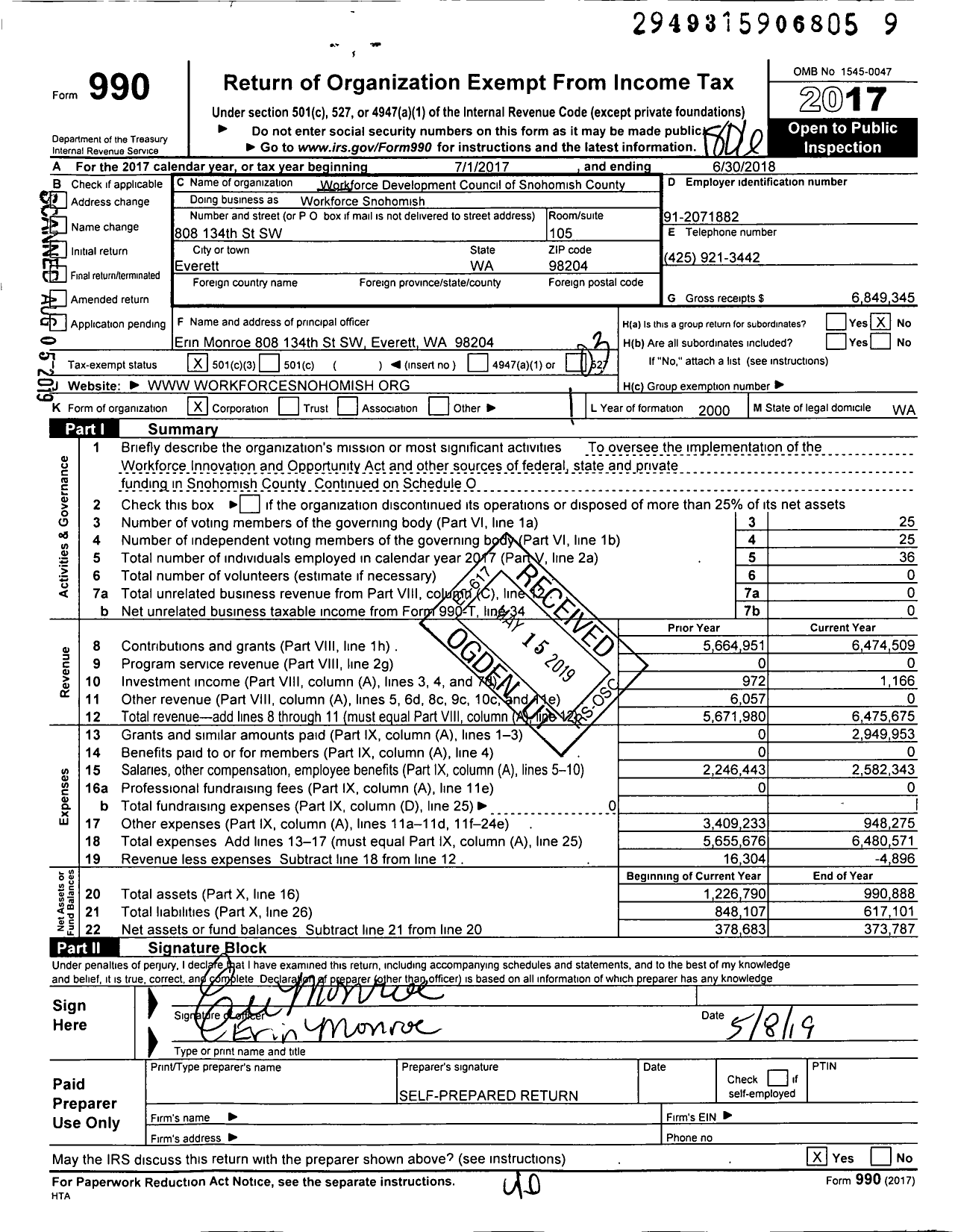 Image of first page of 2017 Form 990 for Workforce Snohomish