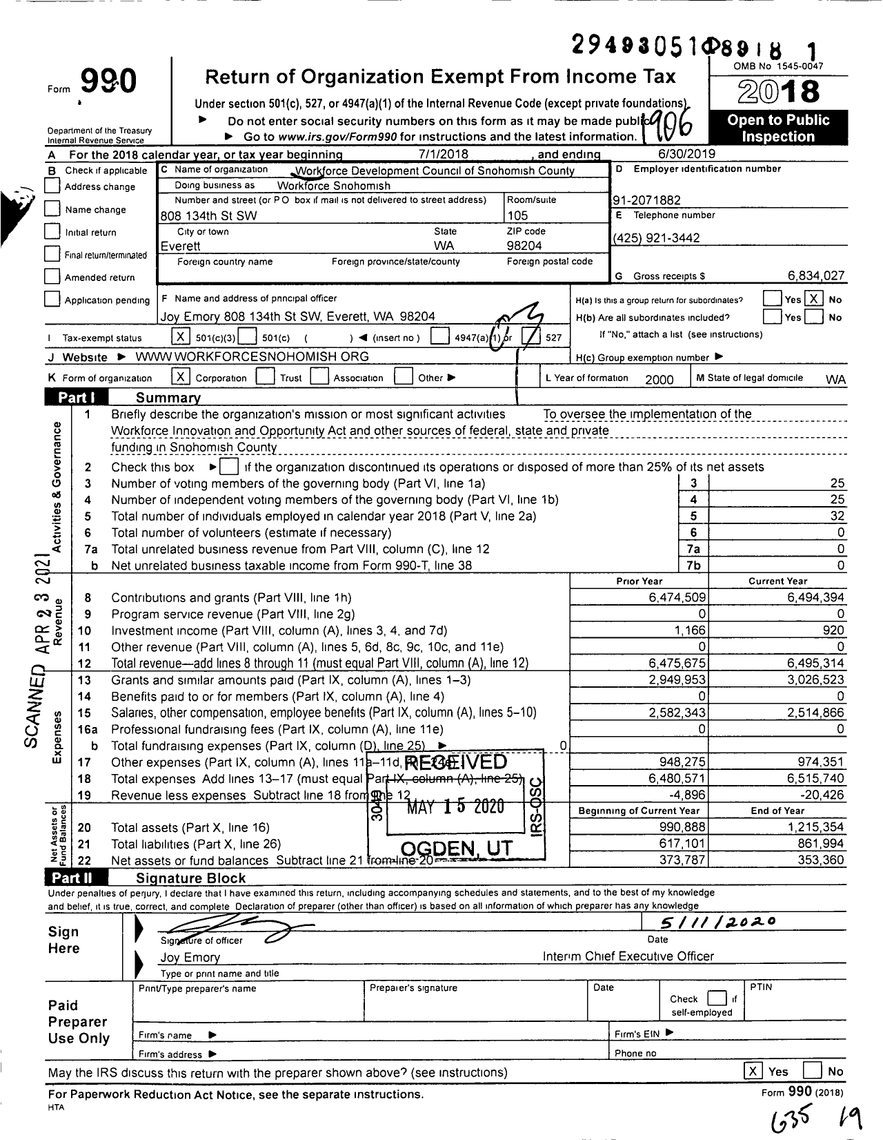 Image of first page of 2018 Form 990 for Workforce Snohomish