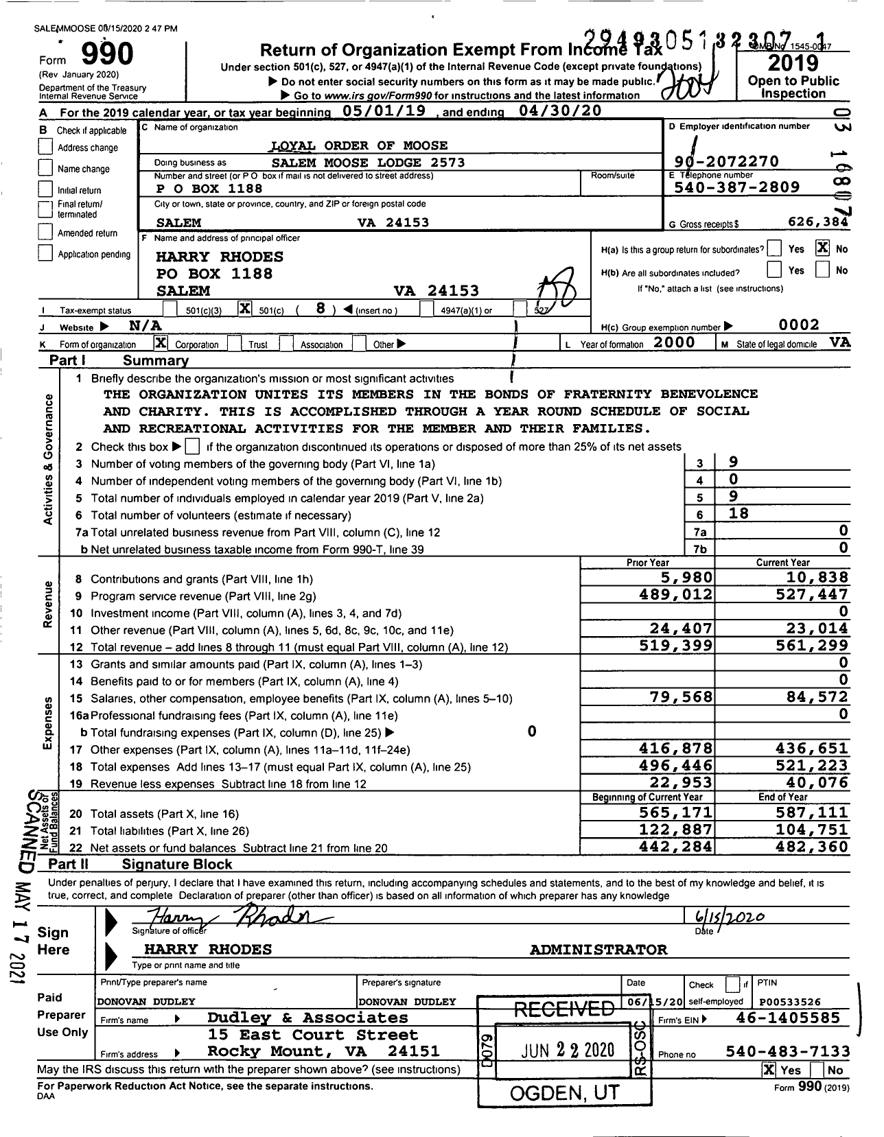 Image of first page of 2019 Form 990O for Loyal Order of Moose - Salem Moose Lodge 2573