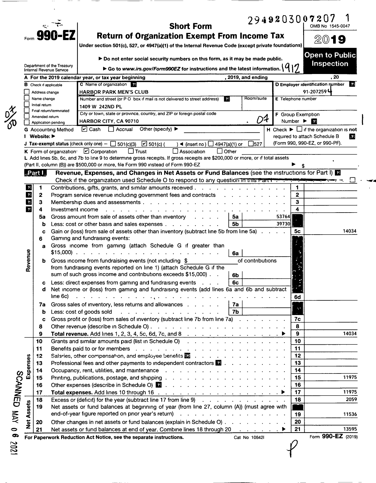 Image of first page of 2019 Form 990EO for Harbor Park Mens Golf Club