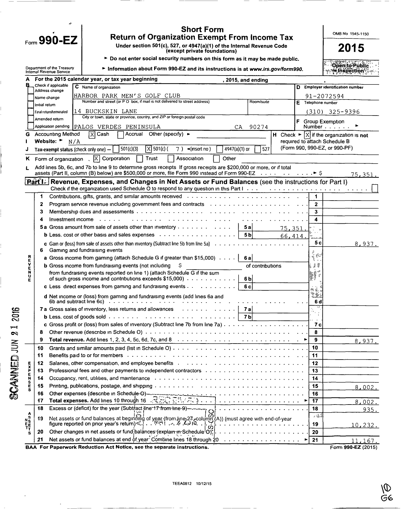 Image of first page of 2015 Form 990EO for Harbor Park Mens Golf Club