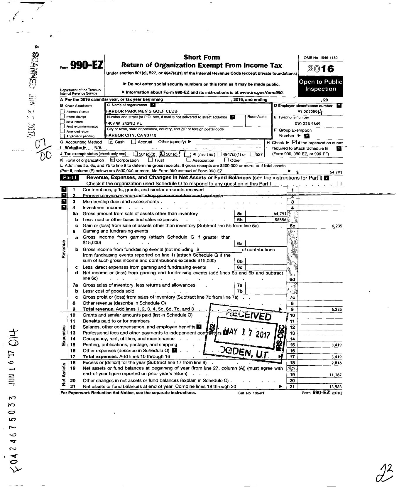 Image of first page of 2016 Form 990EO for Harbor Park Mens Golf Club