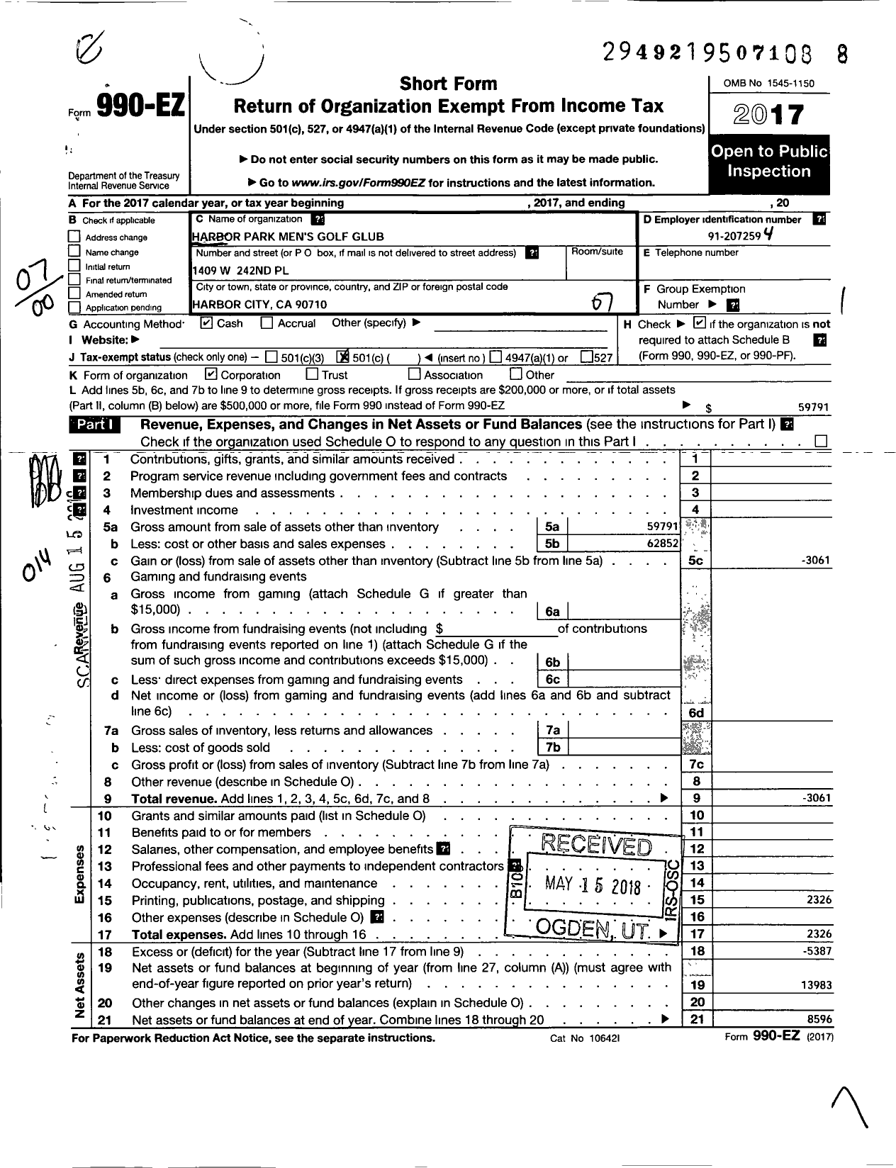 Image of first page of 2017 Form 990EO for Harbor Park Mens Golf Club