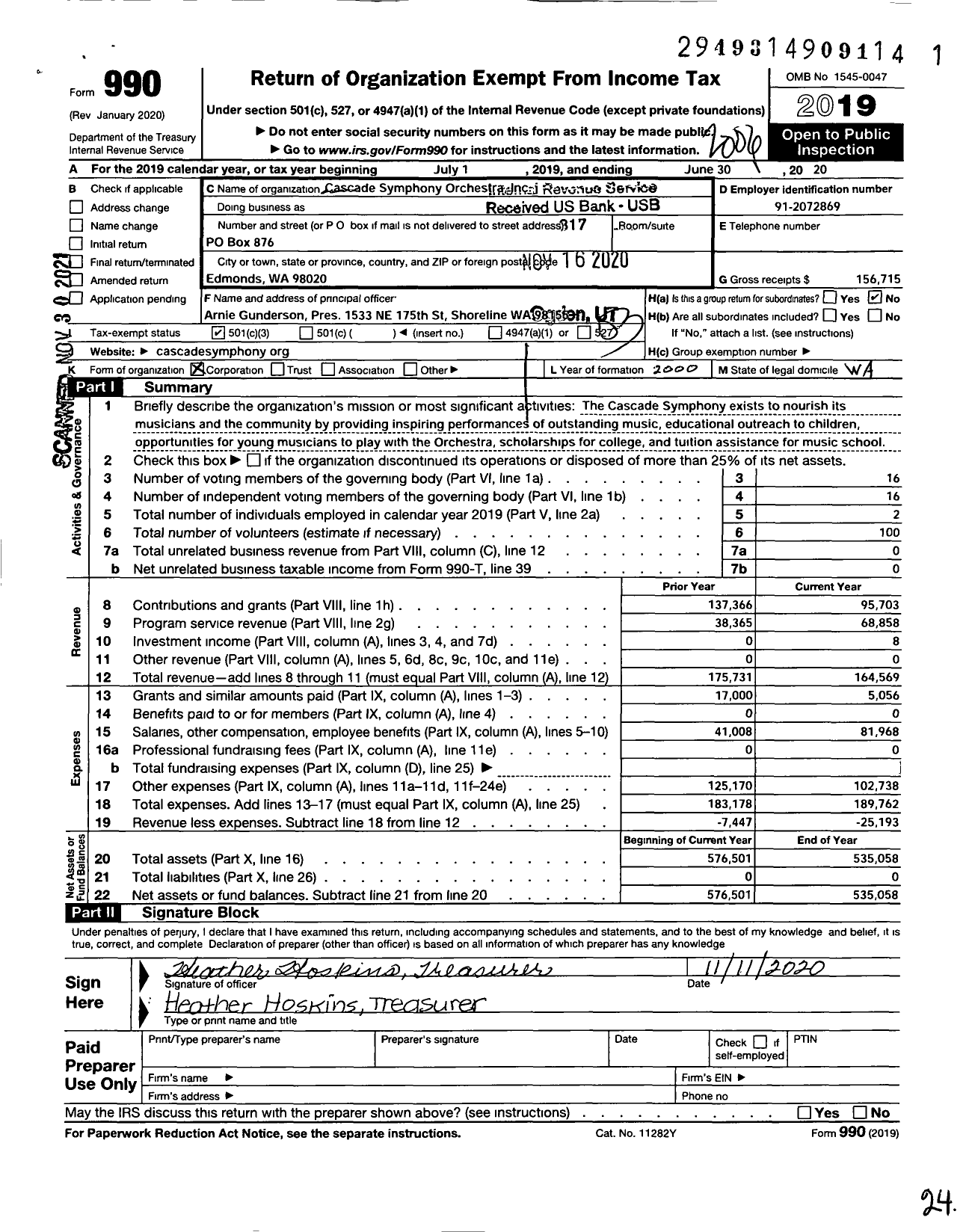 Image of first page of 2019 Form 990 for Cascade Symphony Orchestra