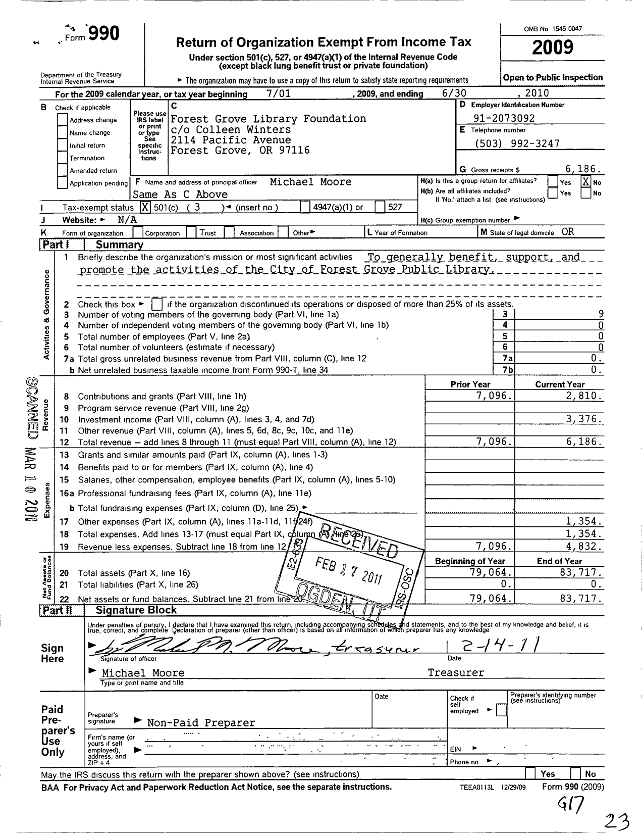 Image of first page of 2009 Form 990 for Forest Grove Library Foundation