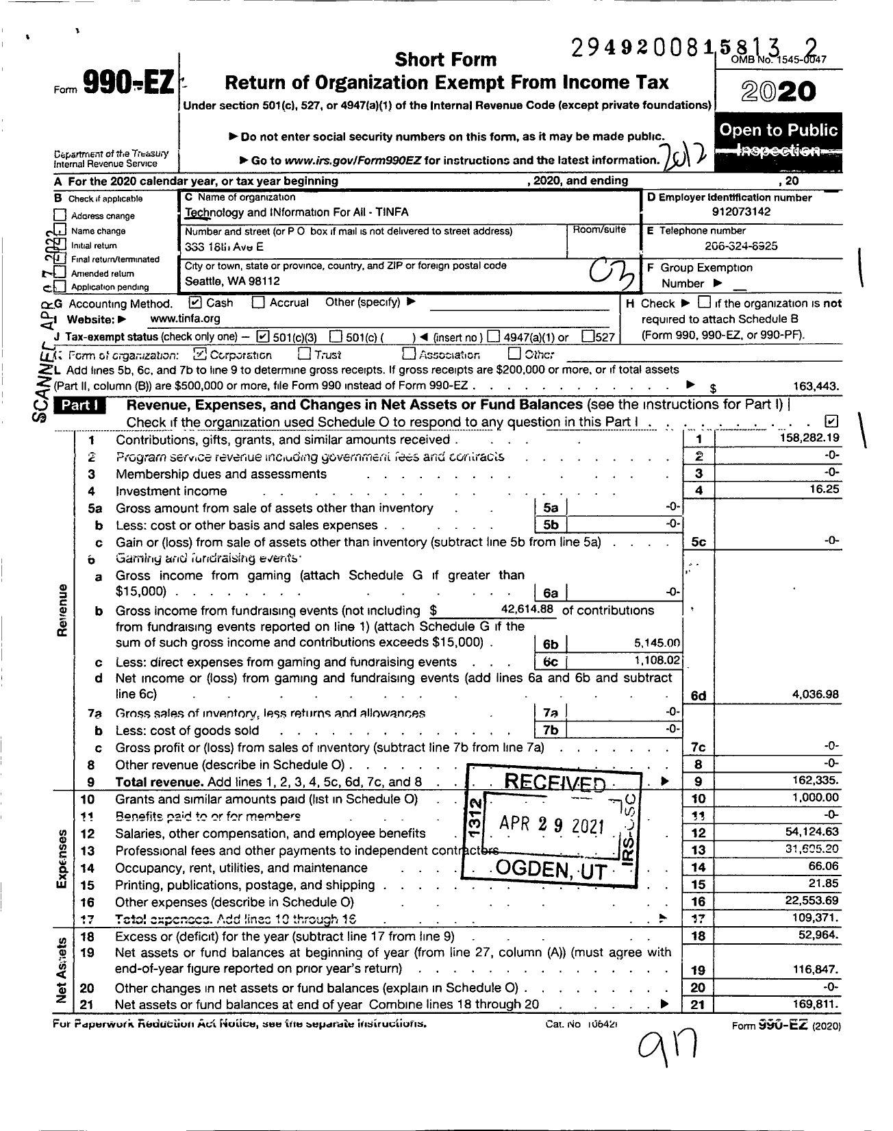 Image of first page of 2020 Form 990EZ for Technology and Information for All Tinfa