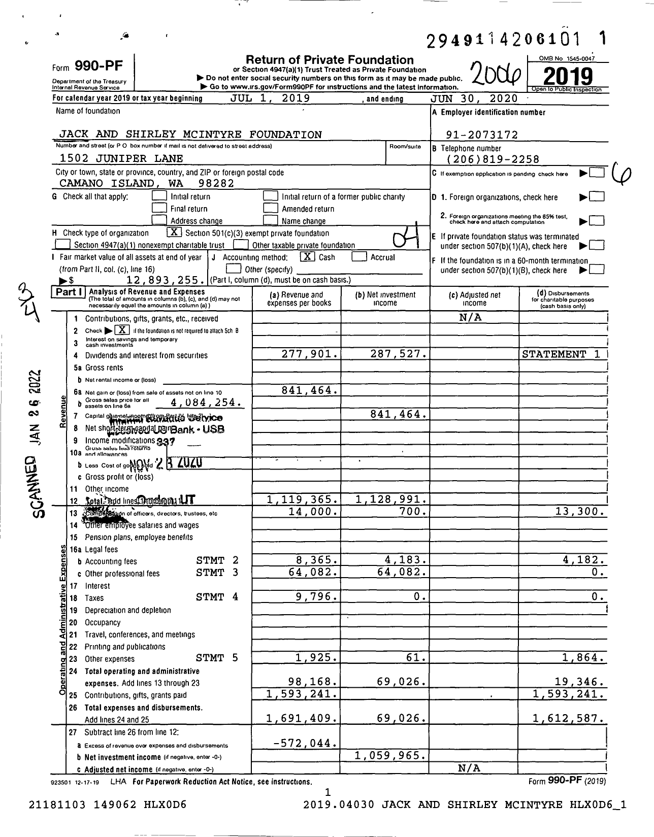 Image of first page of 2019 Form 990PF for Jack and Shirley Mcintyre Foundation