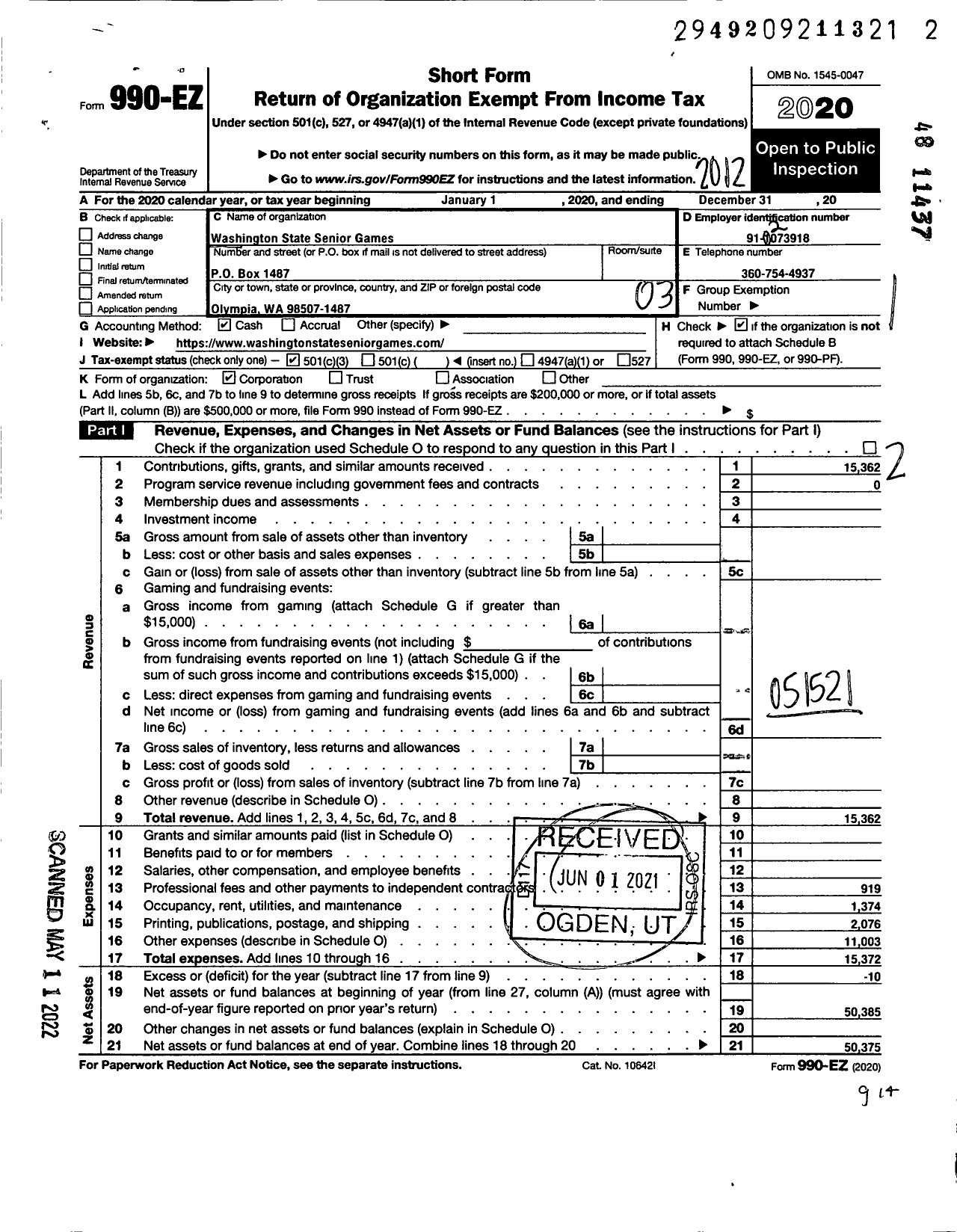 Image of first page of 2020 Form 990EZ for Washington State Senior Games