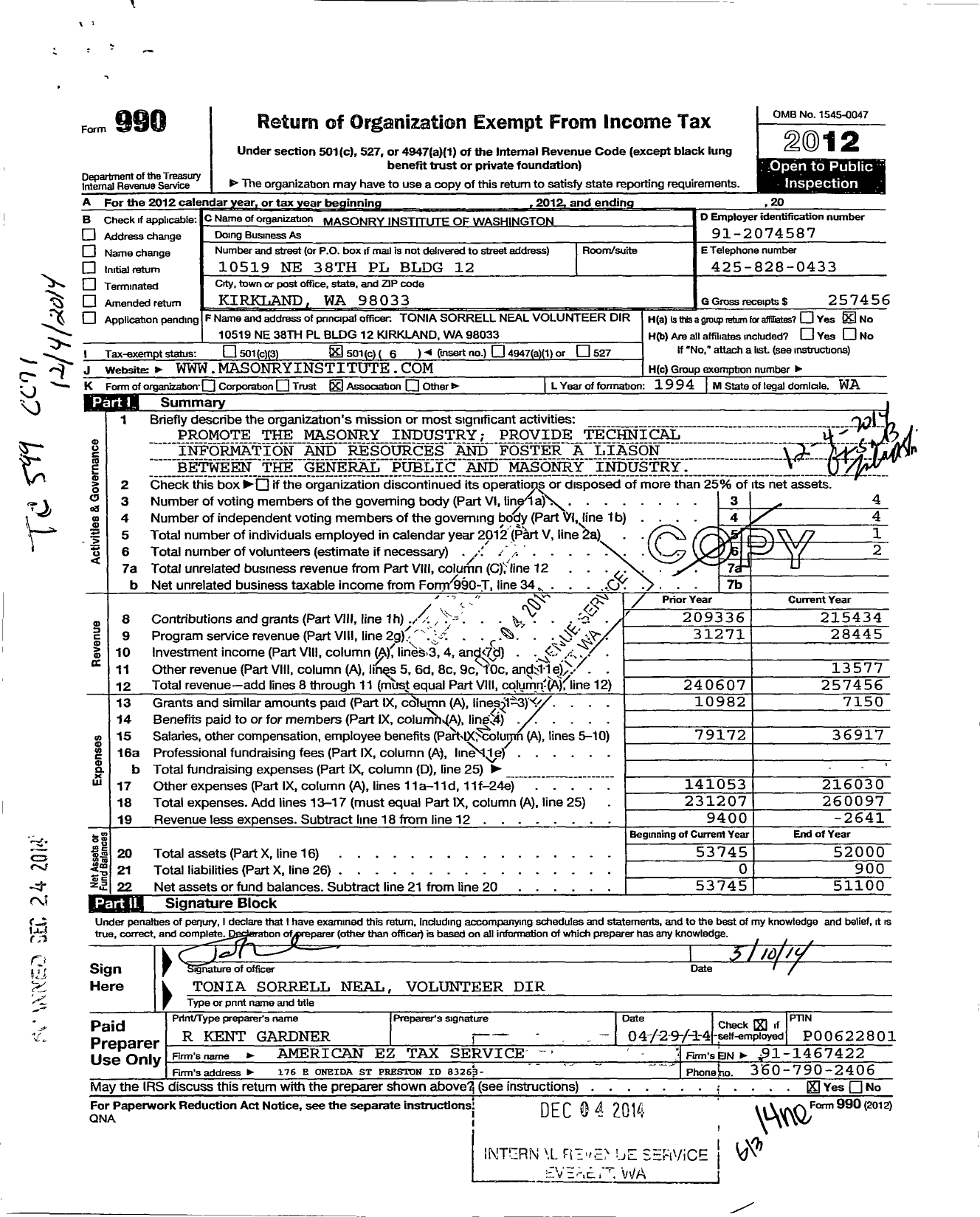 Image of first page of 2012 Form 990O for Masonry Institute of Washington