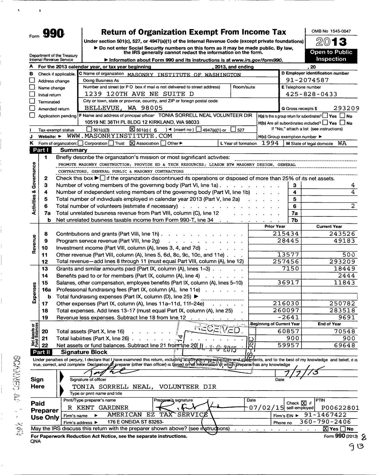 Image of first page of 2013 Form 990O for Masonry Institute of Washington