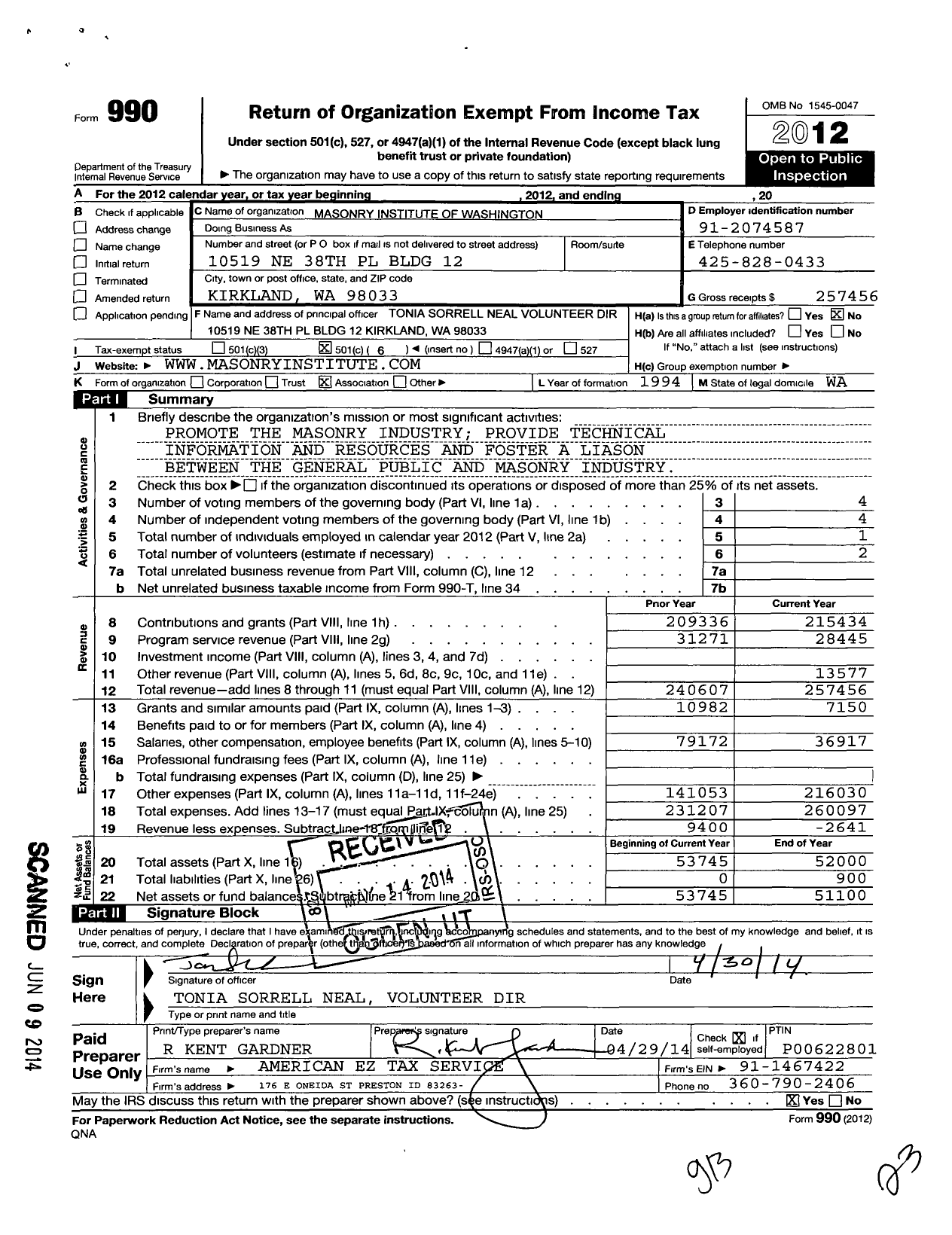 Image of first page of 2012 Form 990O for Masonry Institute of Washington