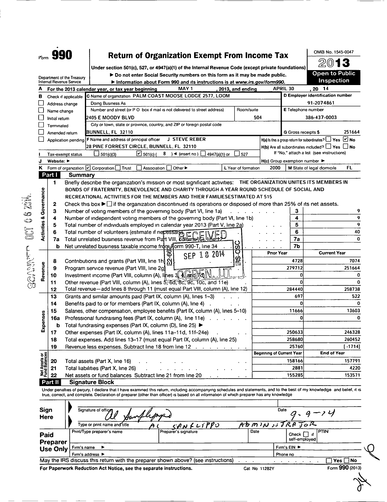 Image of first page of 2013 Form 990O for Loyal Order of Moose - 2577
