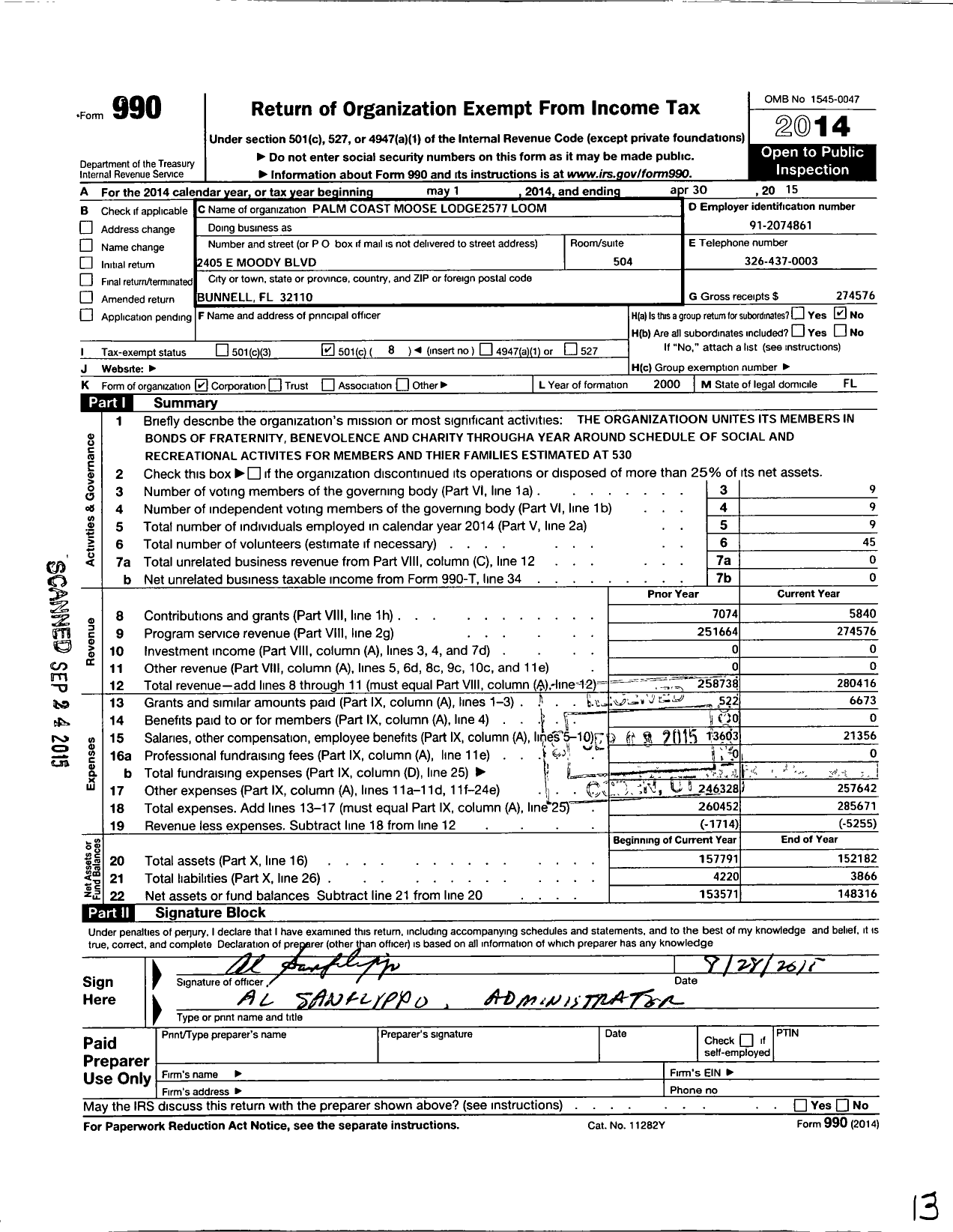 Image of first page of 2014 Form 990O for Loyal Order of Moose - 2577
