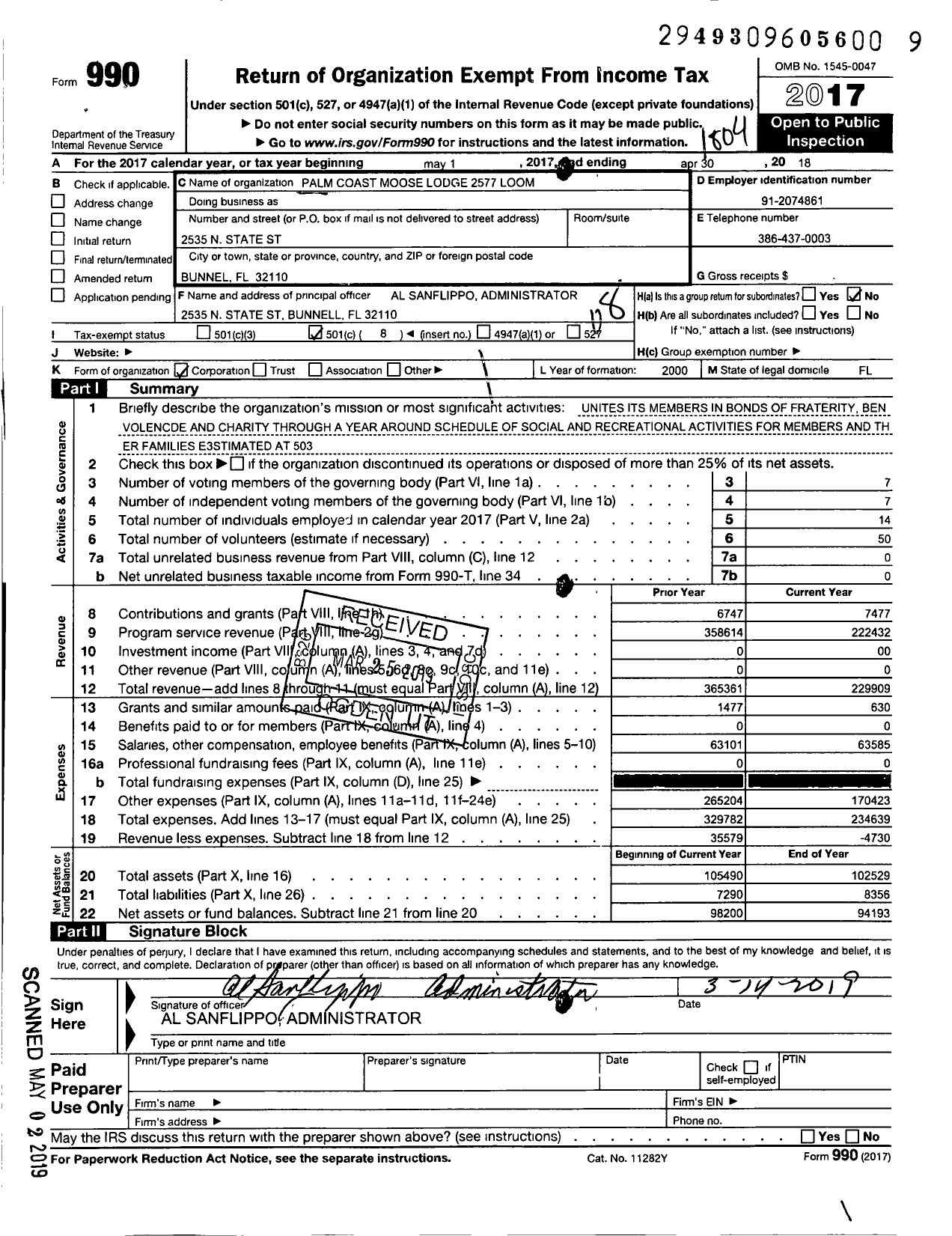 Image of first page of 2017 Form 990O for Loyal Order of Moose - 2577