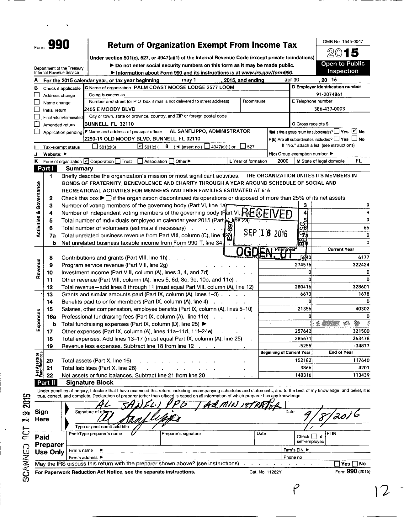 Image of first page of 2015 Form 990O for Loyal Order of Moose - 2577