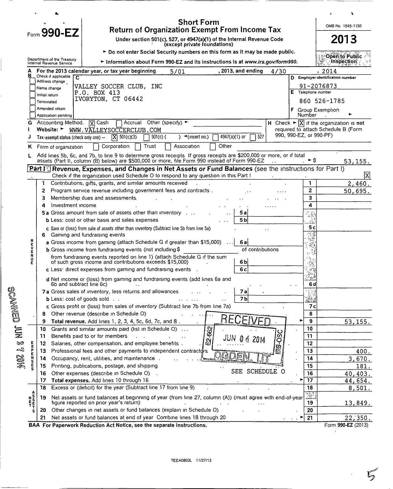 Image of first page of 2013 Form 990EZ for Valley Soccer Club