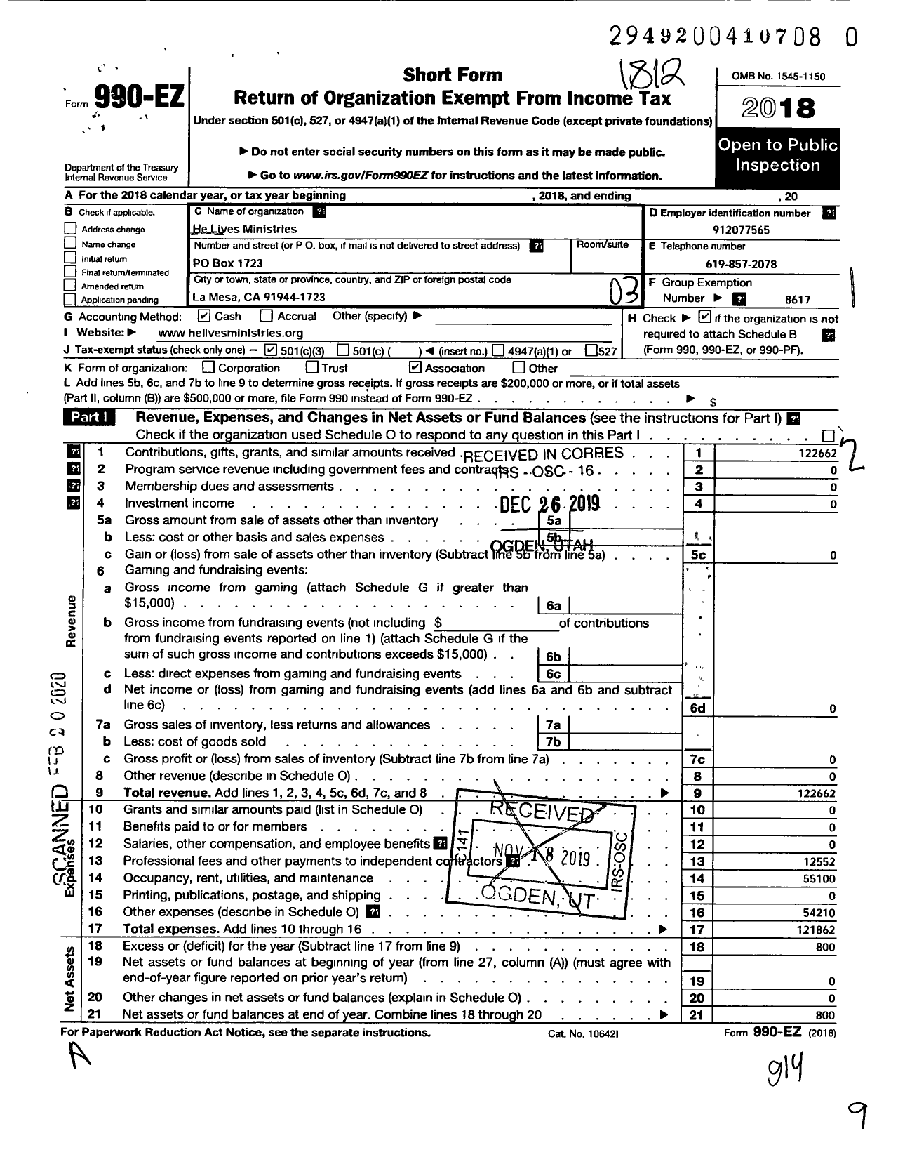 Image of first page of 2018 Form 990EZ for He Lives Ministries