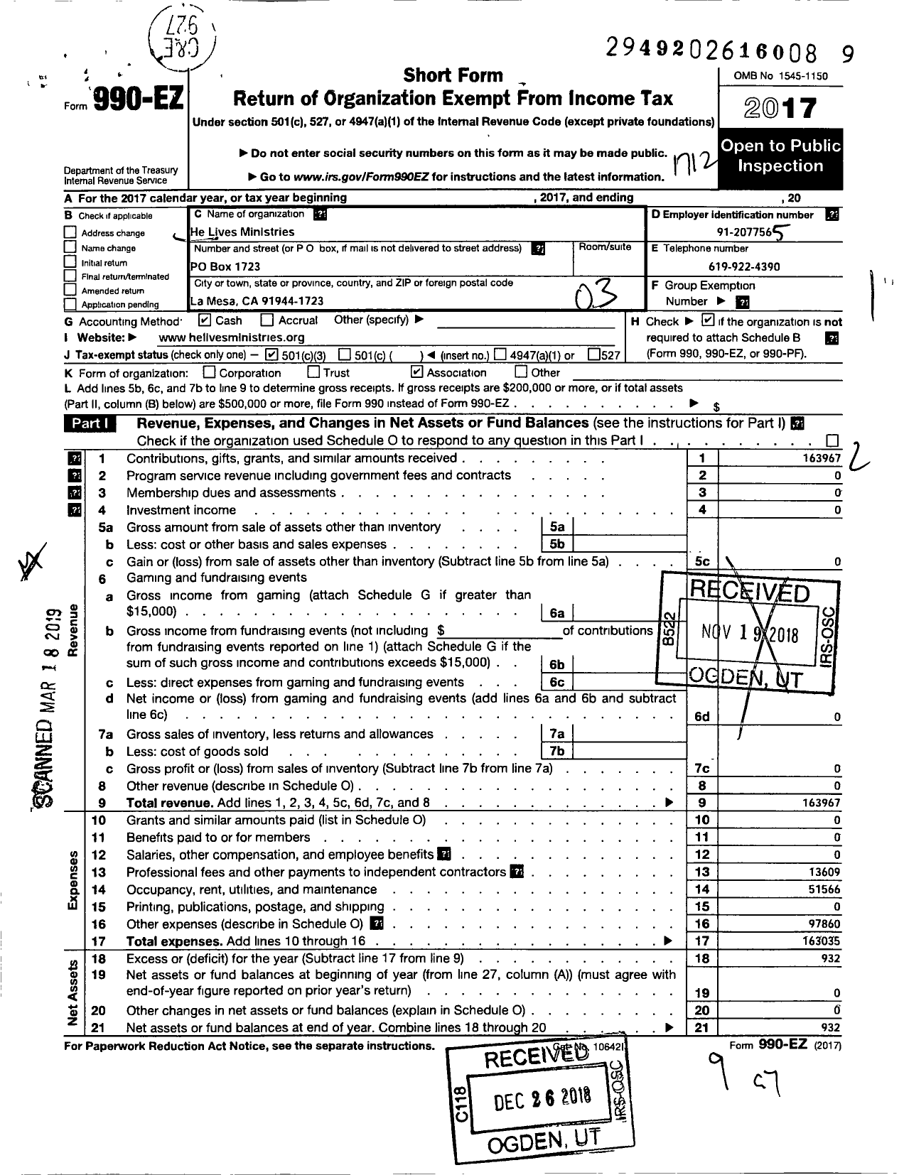 Image of first page of 2017 Form 990EZ for He Lives Ministries