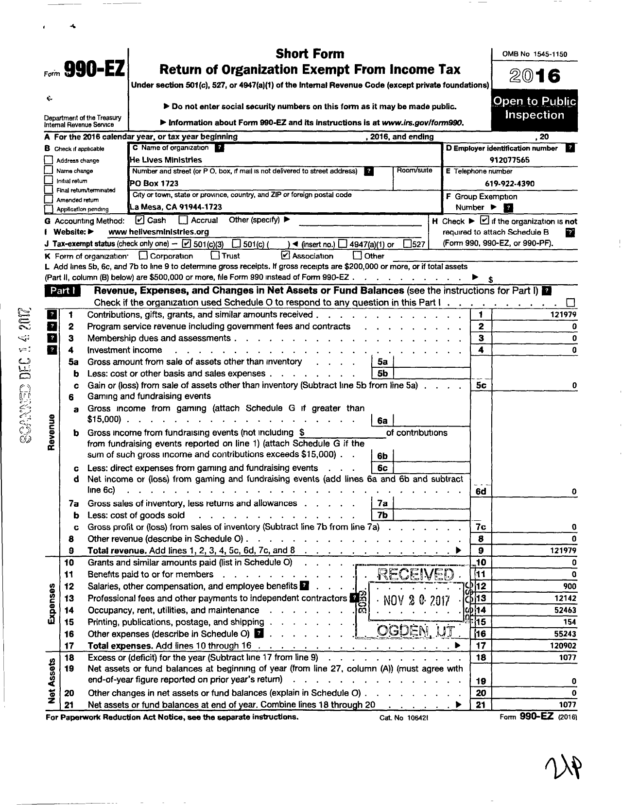 Image of first page of 2016 Form 990EZ for He Lives Ministries