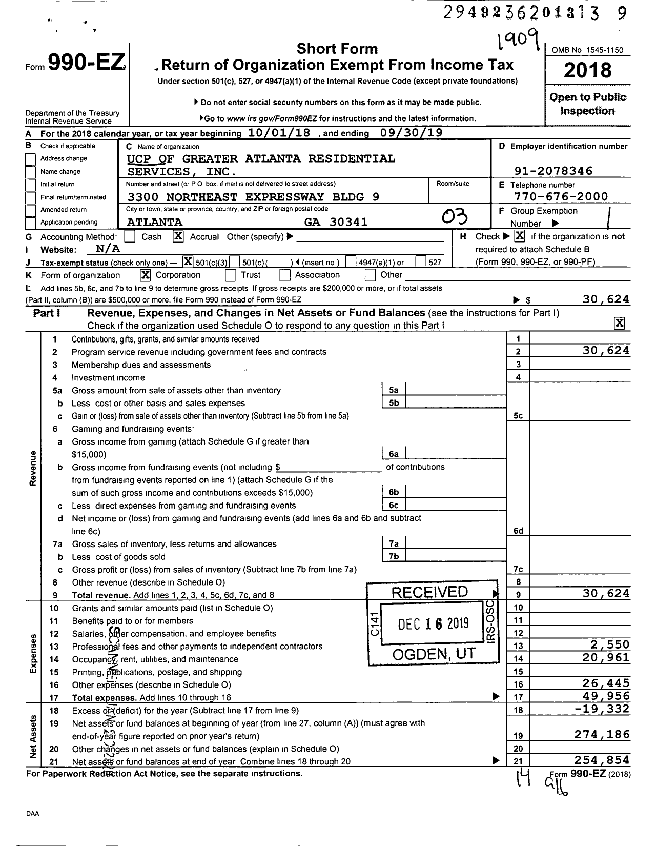 Image of first page of 2018 Form 990EZ for United Cerebral Palsy of Greater Atlanta Residential Services